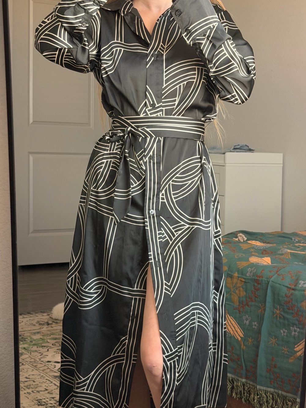 H&M Black Midi Shirt Dress with White Geometric Print